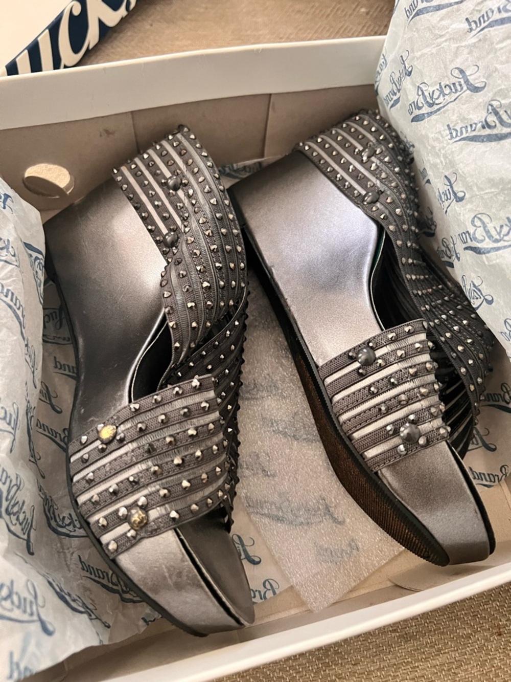 Lucky Brand Metallic Gunmetal Studded Slip-On Mules